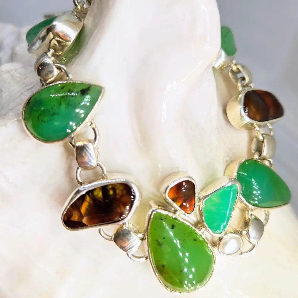?CArmel Apple’ Bracelet - Chrysoprase Fire Agate Pearl Sterling