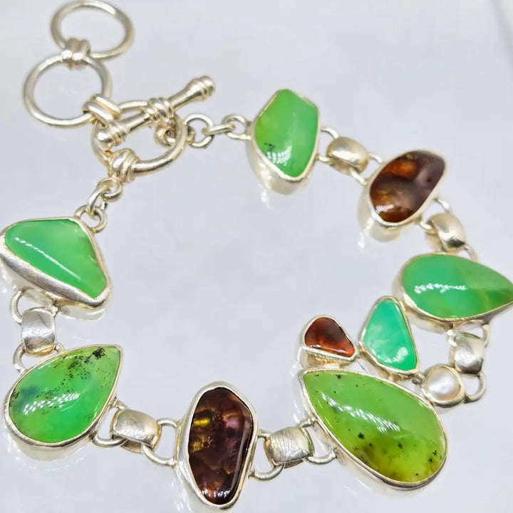 ?CArmel Apple’ Bracelet - Chrysoprase Fire Agate Pearl Sterling