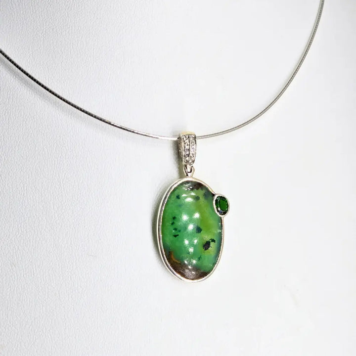 ?CArmel Apple’ Pendant Necklace - Boulder Chrysoprase White Sapphire Chrome Diopside Sterling