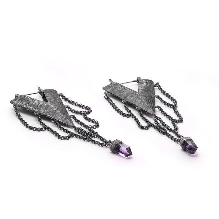 "Chain Gang Jezebels" 3.25" Earrings - Crystals, Oxidized Sterling