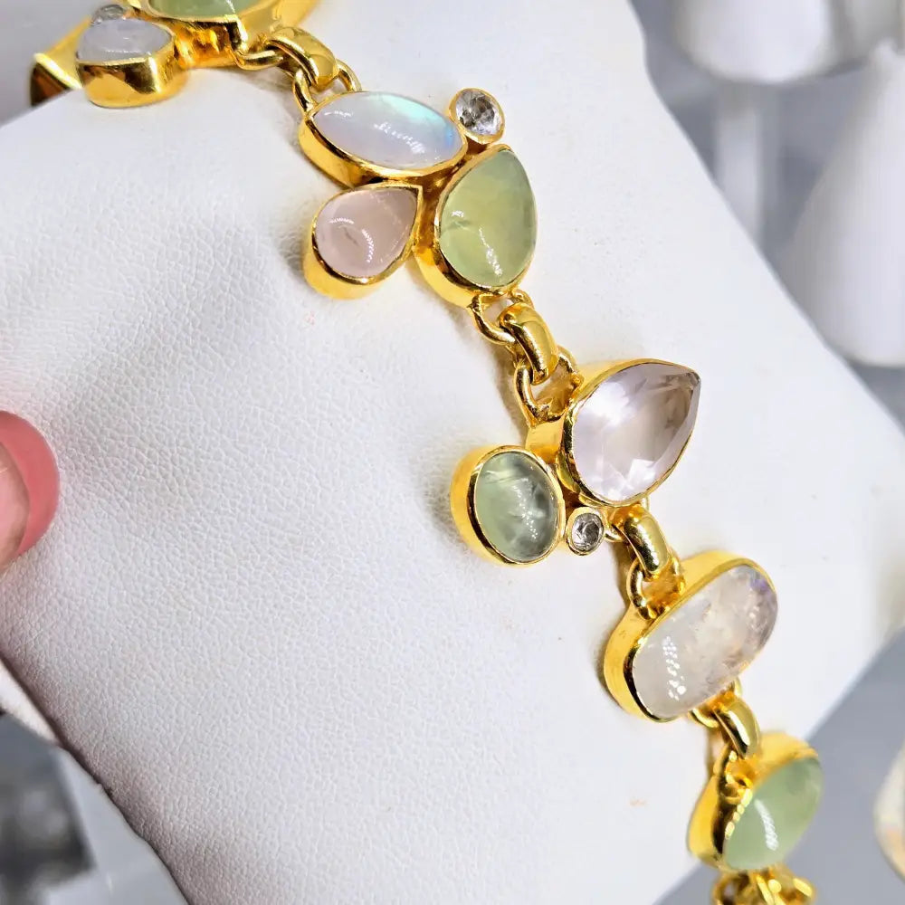 ?CEladon & Sparkles’ 7.25’’-8.25’’ Bracelet - Prehnite Moonstone Rose Quartz Zircon 18k Gold Sterling