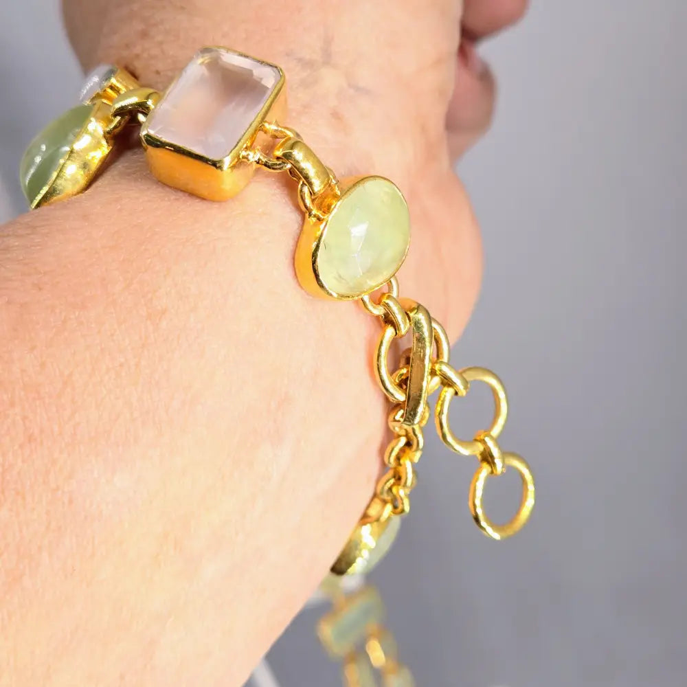 ?CEladon & Sparkles’ 7.25’’-8.25’’ Bracelet - Prehnite Moonstone Rose Quartz Zircon 18k Gold Sterling