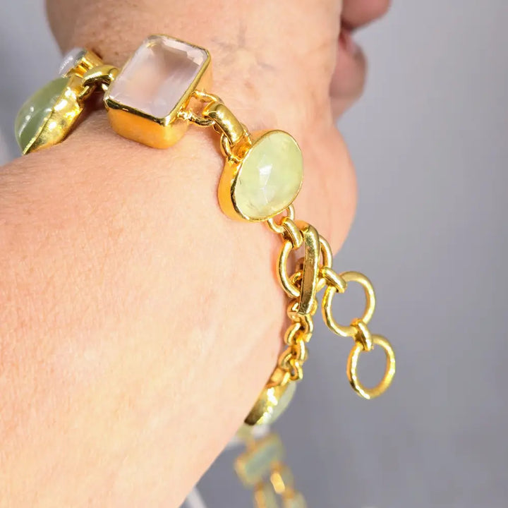?CEladon & Sparkles’ 7.25’’-8.25’’ Bracelet - Prehnite Moonstone Rose Quartz Zircon 18k Gold Sterling