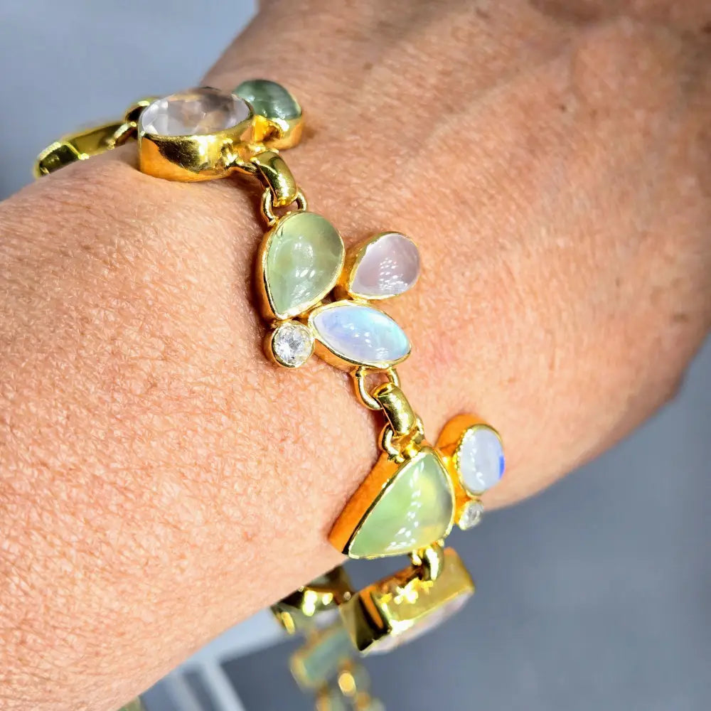 ?CEladon & Sparkles’ 7.25’’-8.25’’ Bracelet - Prehnite Moonstone Rose Quartz Zircon 18k Gold Sterling