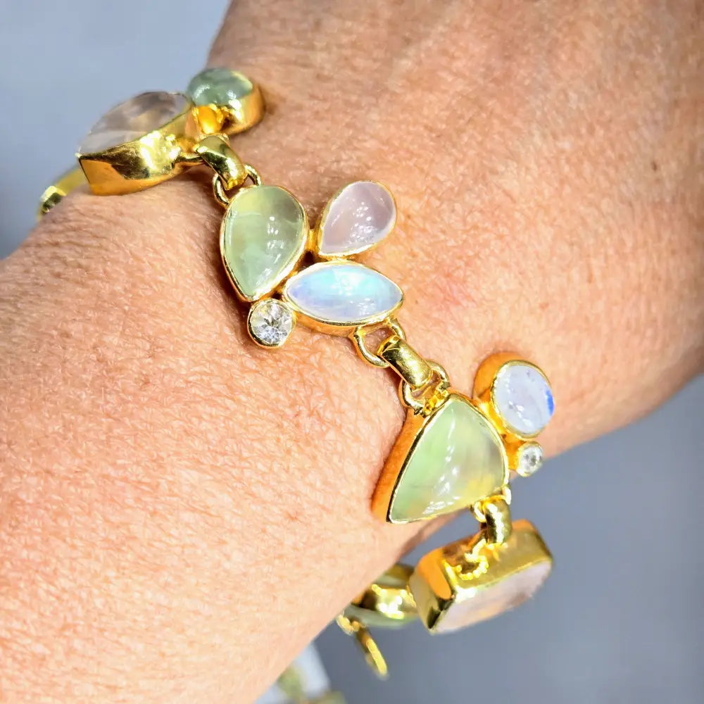 ?CEladon & Sparkles’ 7.25’’-8.25’’ Bracelet - Prehnite Moonstone Rose Quartz Zircon 18k Gold Sterling