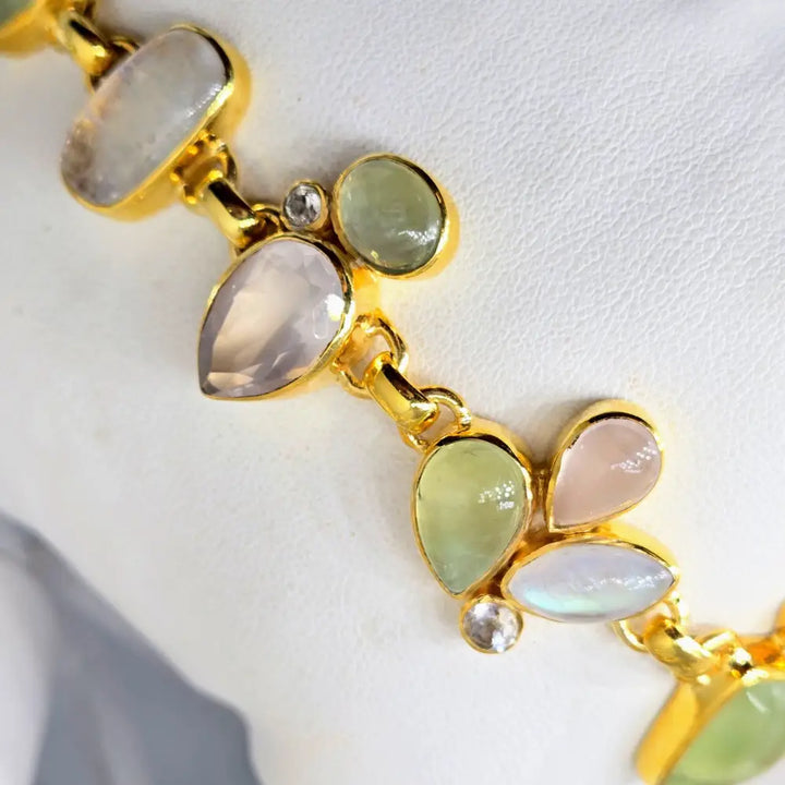 ?CEladon & Sparkles’ 7.25’’-8.25’’ Bracelet - Prehnite Moonstone Rose Quartz Zircon 18k Gold Sterling