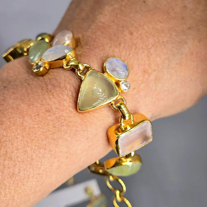 ?CEladon & Sparkles’ 7.25’’-8.25’’ Bracelet - Prehnite Moonstone Rose Quartz Zircon 18k Gold Sterling