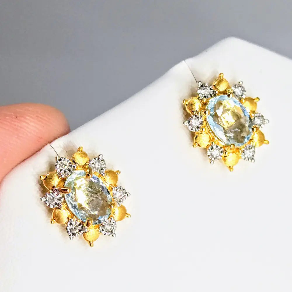 Celestial Stunners.5’’ Earrings Aquamarine Diamonds 18k Sterling - Necklace