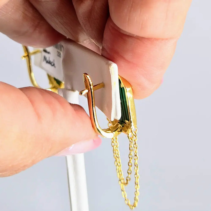 ?CHain Gang’ 1.5’’ Earrings - Malachite Diamonds 18k Gold Over Sterling