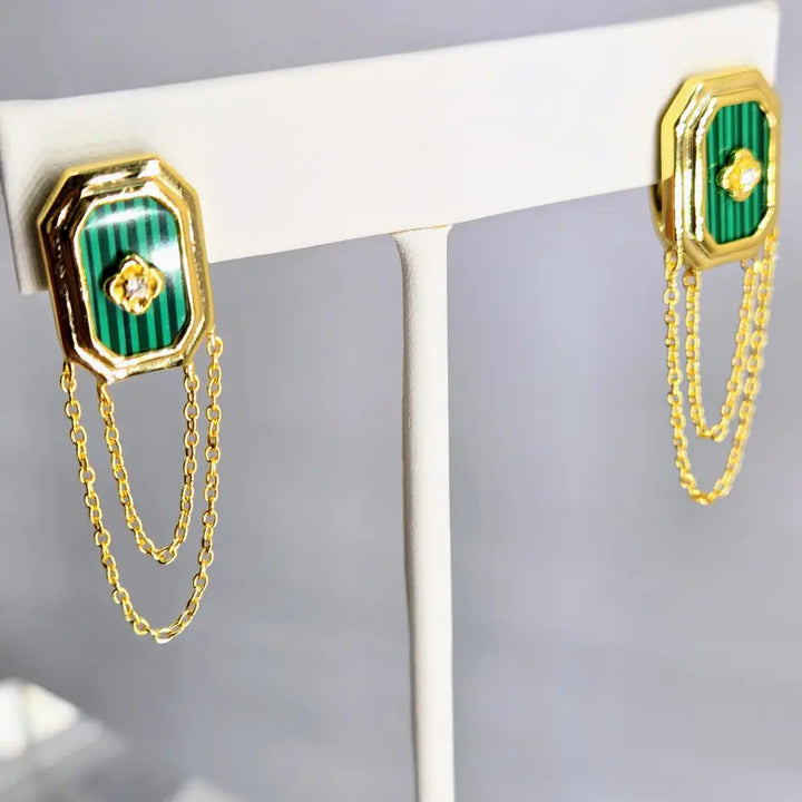 ?CHain Gang’ 1.5’’ Earrings - Malachite Diamonds 18k Gold Over Sterling