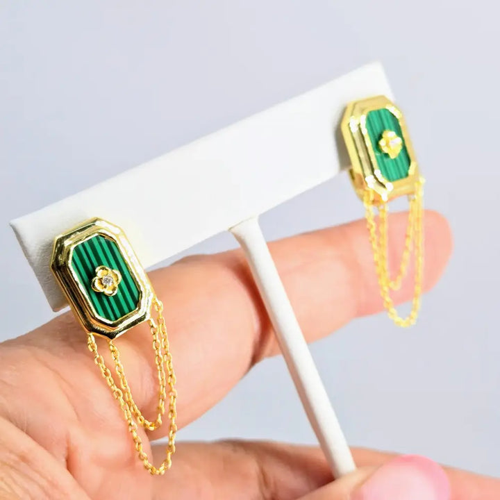 ?CHain Gang’ 1.5’’ Earrings - Malachite Diamonds 18k Gold Over Sterling