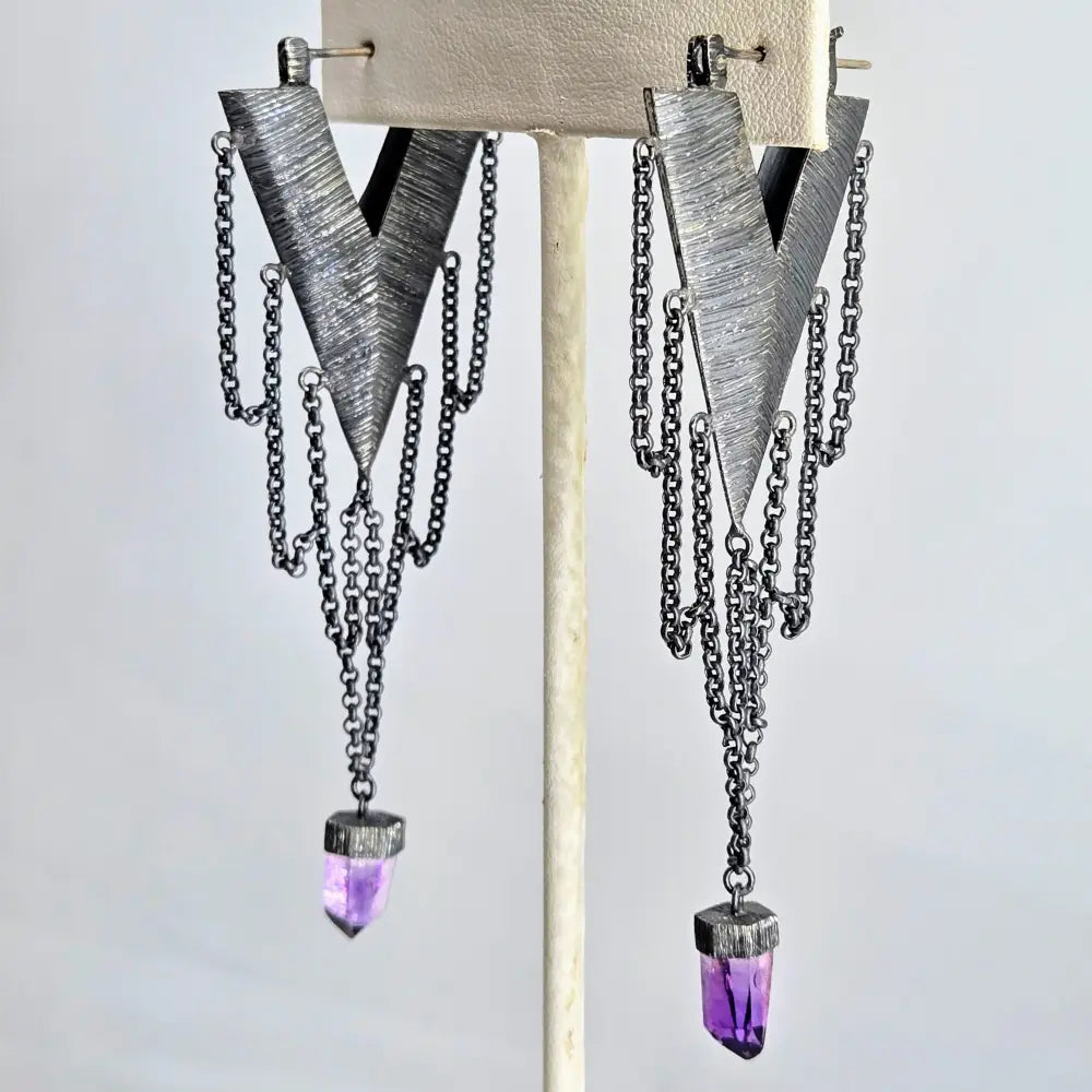 ?CHain Gang Jezebels’ 3.25’’ Earrings - Crystals Oxidized Sterling - Amethyst Crystal Points