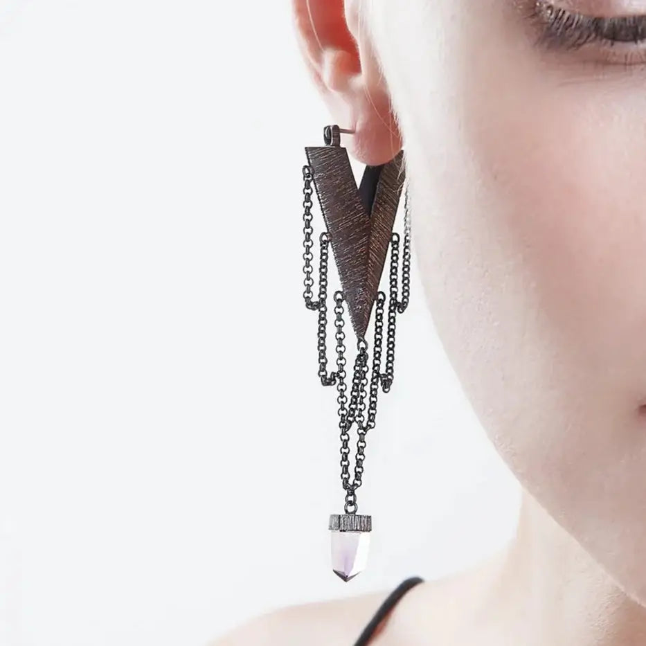 ?CHain Gang Jezebels’ 3.25’’ Earrings - Crystals Oxidized Sterling - Clear Quartz Crystal Points