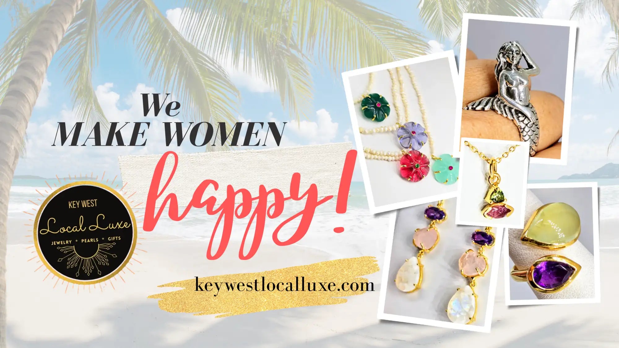 A collection of elegant jewelry pieces featuring gold-toned settings with colorful gemstones and pearls, including necklaces, earrings, rings, and a silver mermaid ring.