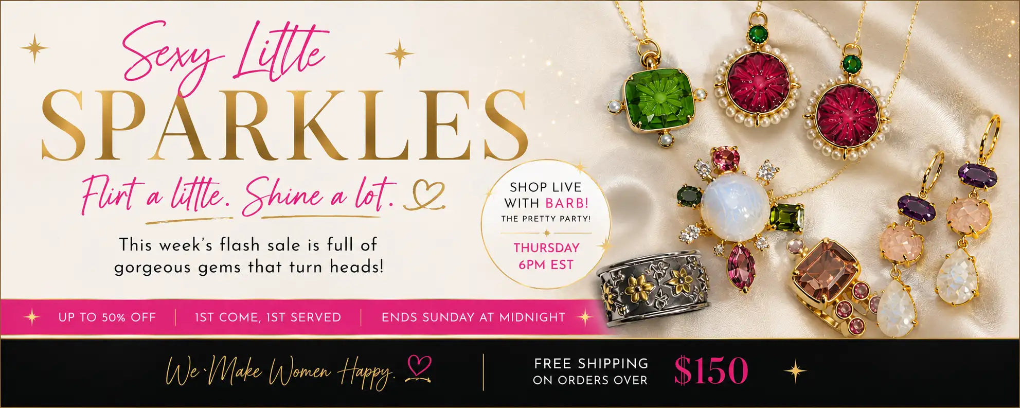 A collection of sparkling gemstone jewelry pieces in gold-toned settings, featuring vibrant green, deep red, and soft pink stones with intricate detailing.