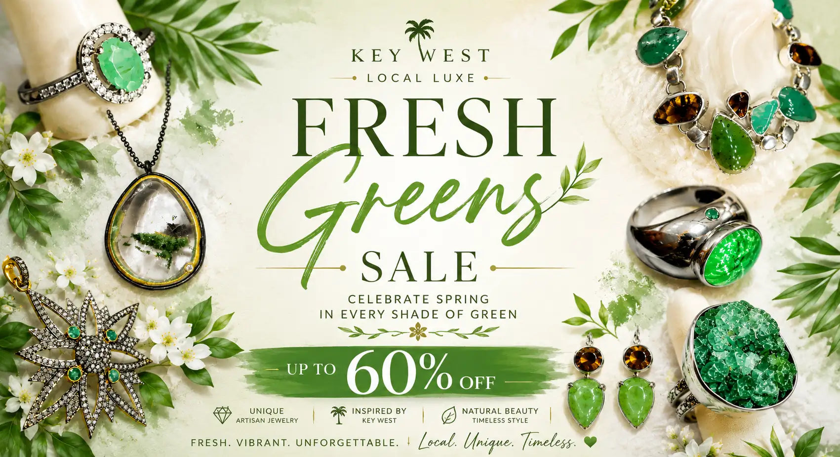 A collection of green gemstone jewelry pieces, including rings with emerald and amber stones set in silver-toned metal.