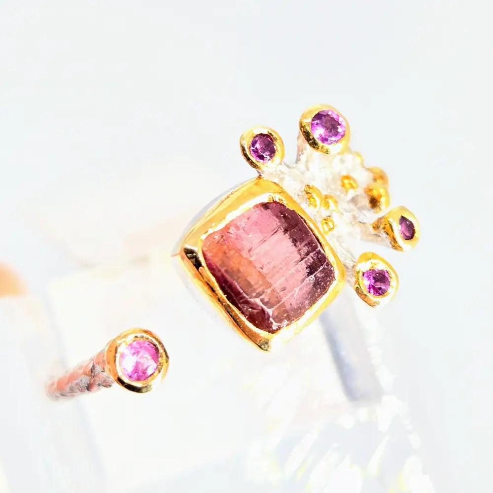 Coral Blossom Sz 7.5 Ring - Pink Tourmaline Sterling W/ 18k