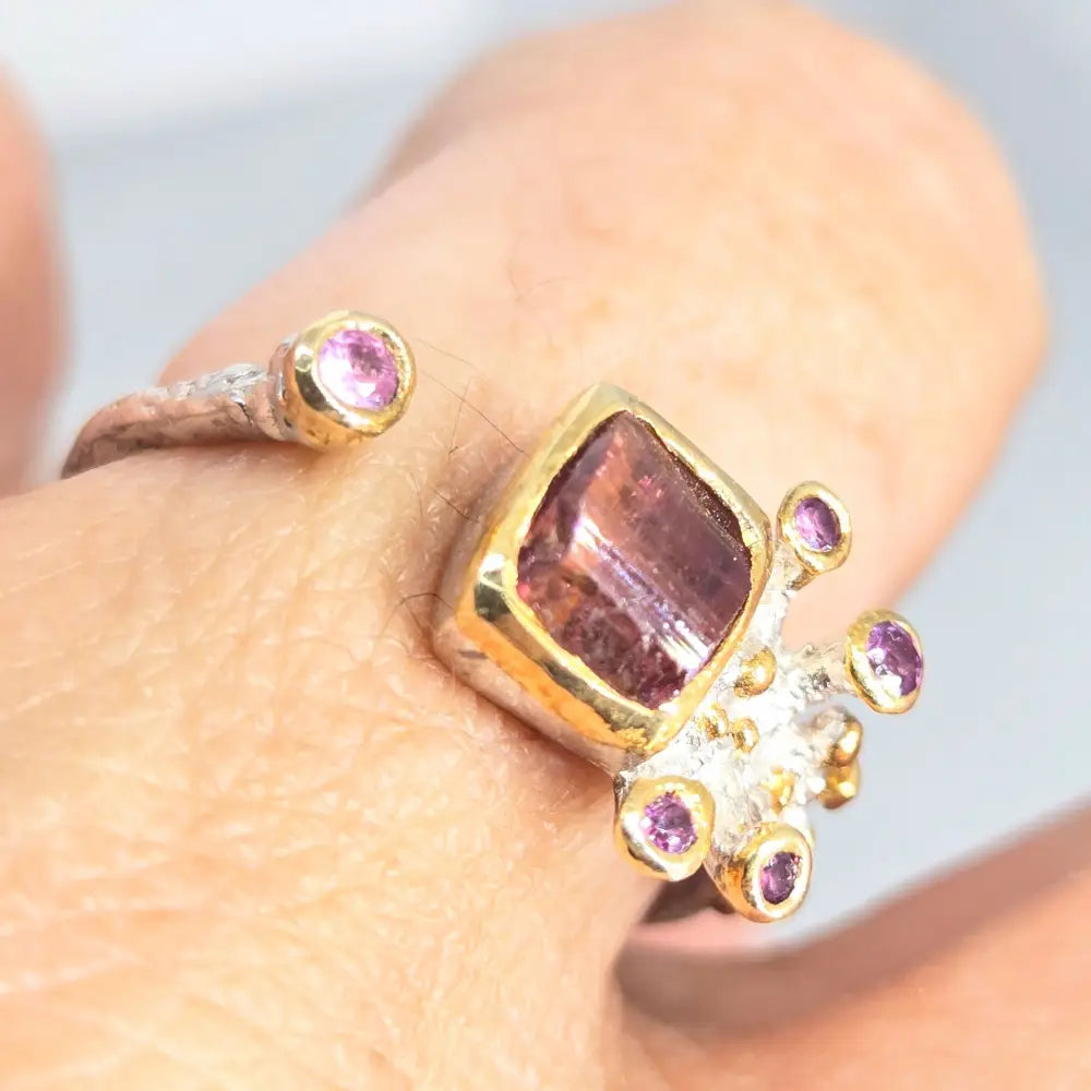 Coral Blossom Sz 7.5 Ring - Pink Tourmaline Sterling W/ 18k