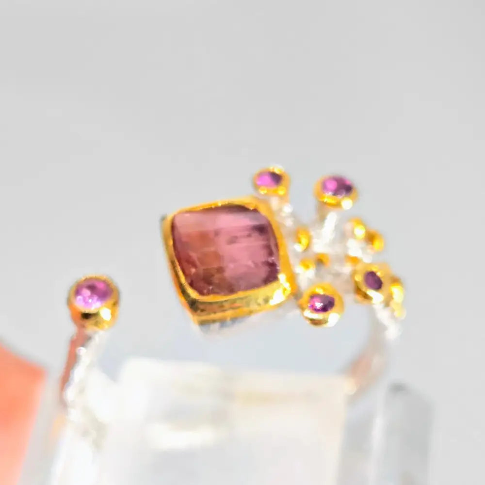 Coral Blossom Sz 7.5 Ring - Pink Tourmaline Sterling W/ 18k