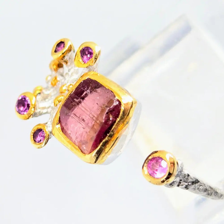 Coral Blossom Sz 7.5 Ring - Pink Tourmaline Sterling W/ 18k