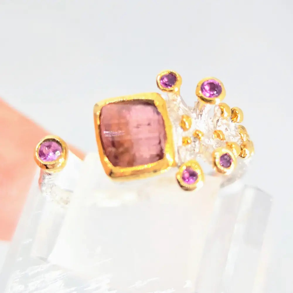 Coral Blossom Sz 7.5 Ring - Pink Tourmaline Sterling W/ 18k
