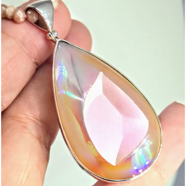 ?COsmic Peach’ Pendant Necklace - Druzy Sterling Peach Sunstone Strand