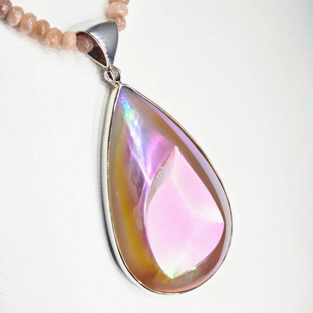 ?COsmic Peach’ Pendant Necklace - Druzy Sterling Peach Sunstone Strand