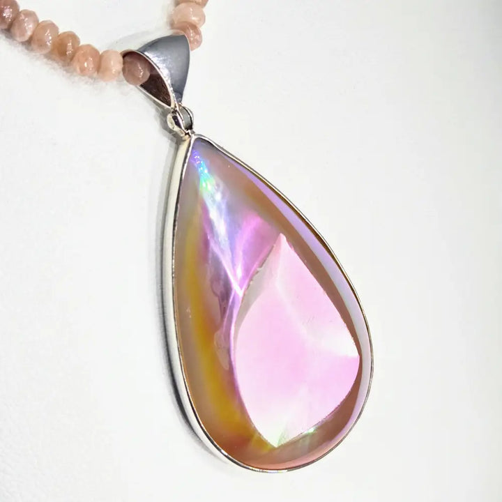 ?COsmic Peach’ Pendant Necklace - Druzy Sterling Peach Sunstone Strand