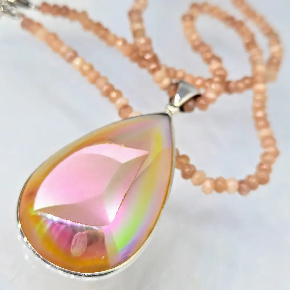?COsmic Peach’ Pendant Necklace - Druzy Sterling Peach Sunstone Strand
