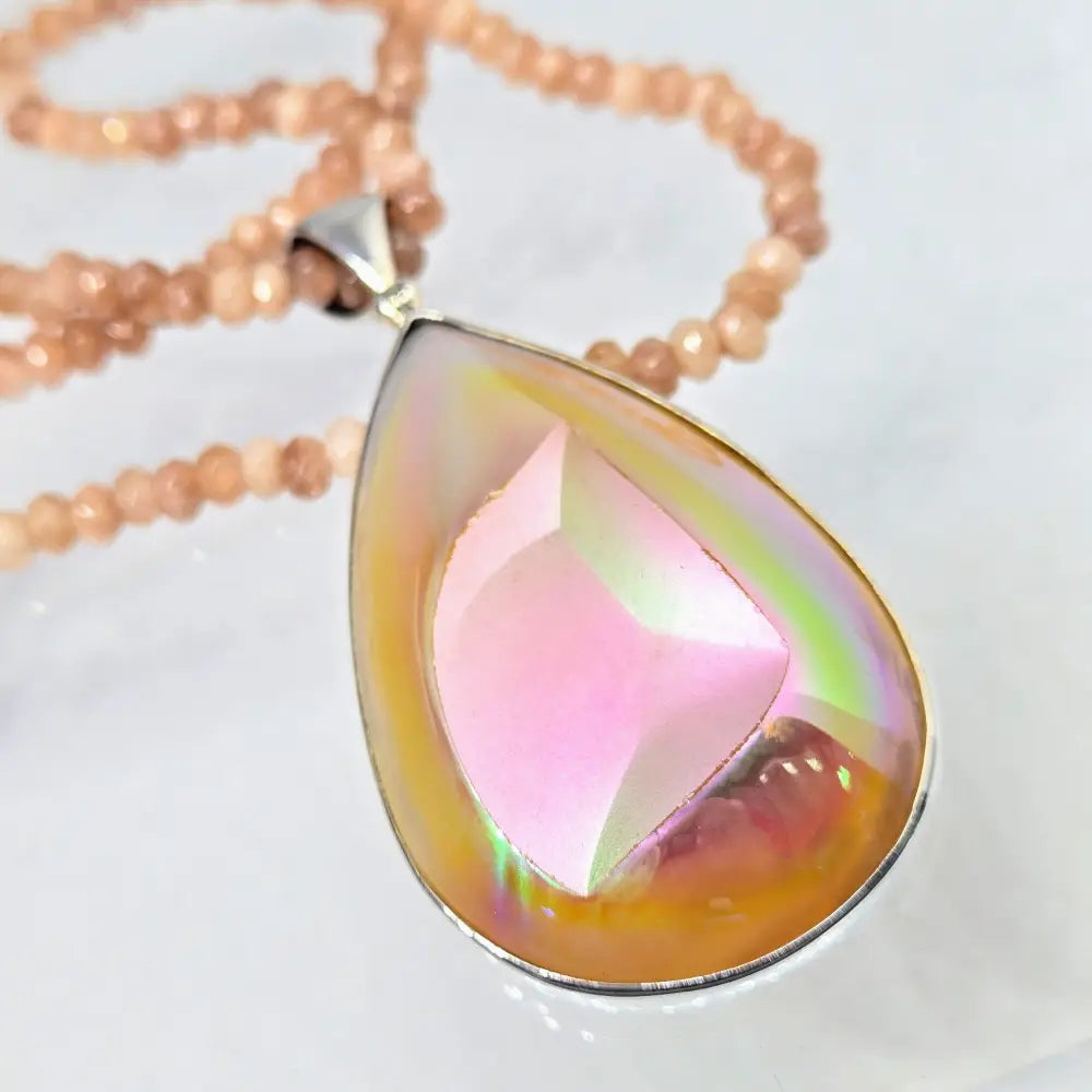 ?COsmic Peach’ Pendant Necklace - Druzy Sterling Peach Sunstone Strand