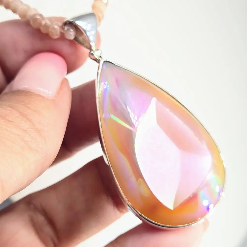 ?COsmic Peach’ Pendant Necklace - Druzy Sterling Peach Sunstone Strand