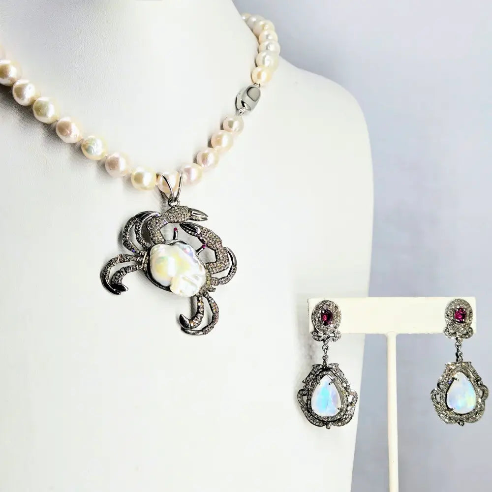 ?CRabby’ Pendant Necklace - Diamonds Rubies Pearls Sterling + Cable Chain