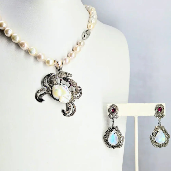 ?CRabby’ Pendant Necklace - Diamonds Rubies Pearls Sterling + Cable Chain