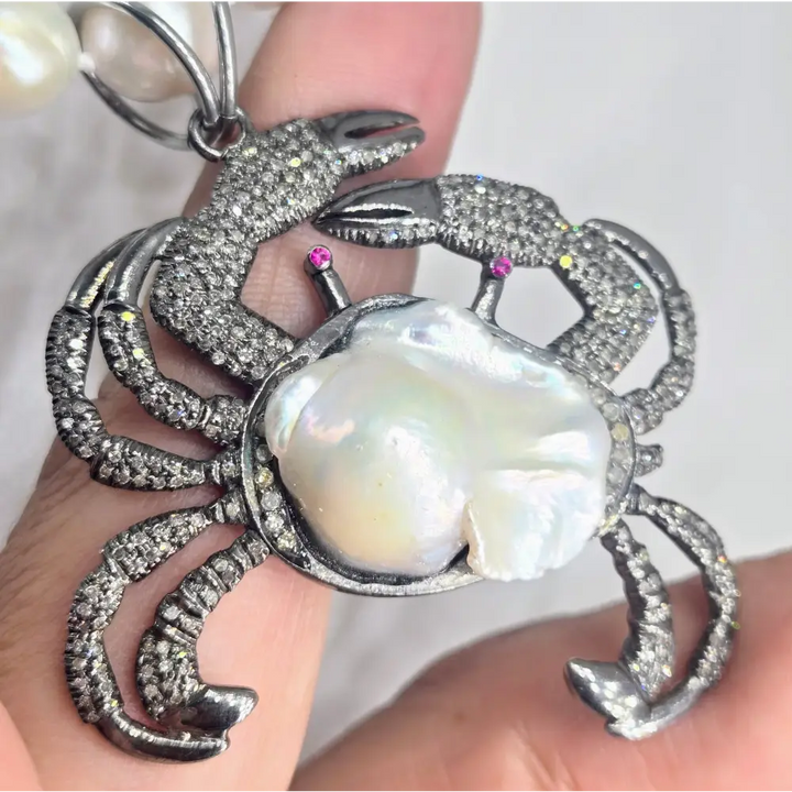 ?CRabby’ Pendant Necklace - Diamonds Rubies Pearls Sterling + Cable Chain