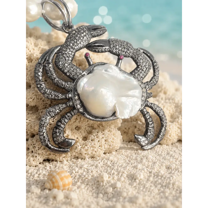 ?CRabby’ Pendant Necklace - Diamonds Rubies Pearls Sterling + Cable Chain