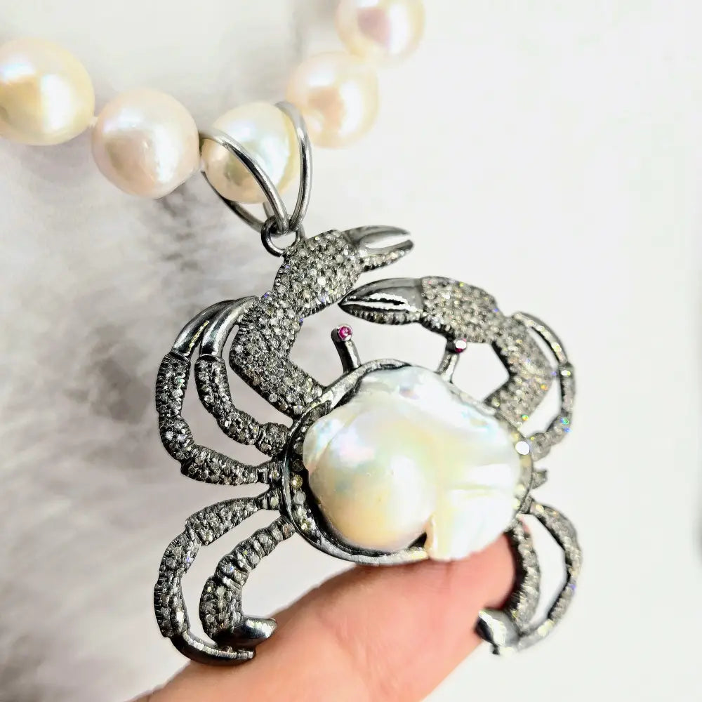 ?CRabby’ Pendant Necklace - Diamonds Rubies Pearls Sterling + Cable Chain