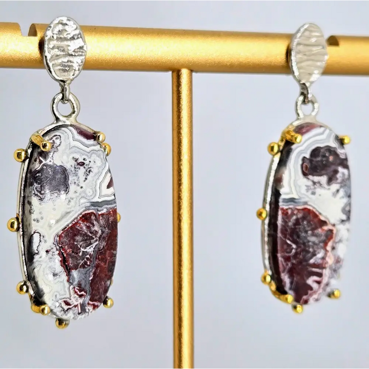 ?CRazy Lady #2’’ 1.5’’ Earrings - Crazy Lace Agate Anti-tarnish Sterling 18k Gold Accents