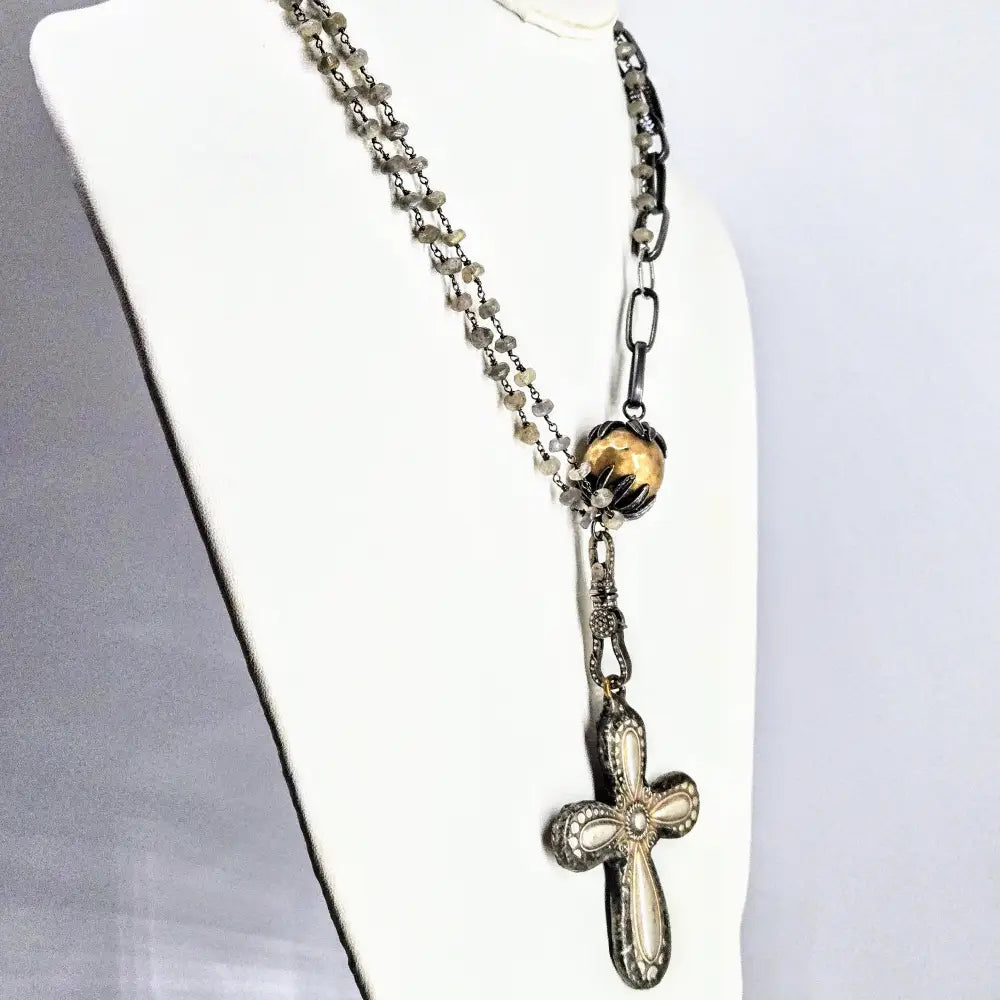 Cross my Heart Necklace Labradorite Zircon Diamonds Sterling Mixed Metals