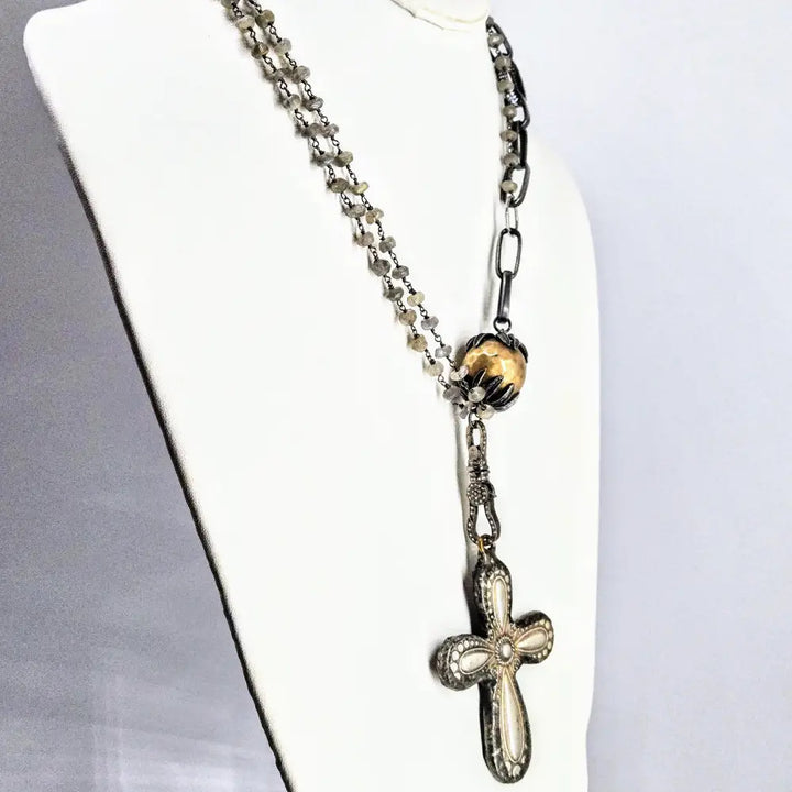 Cross my Heart Necklace Labradorite Zircon Diamonds Sterling Mixed Metals