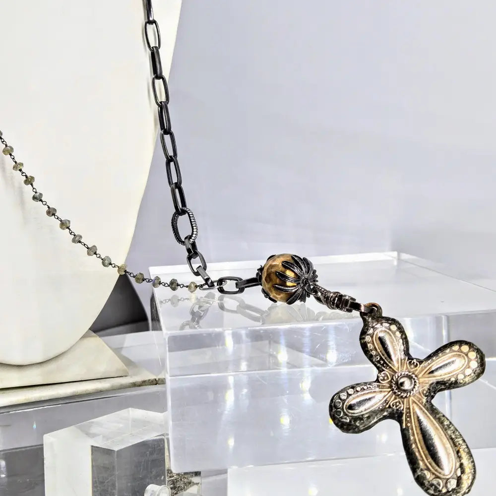 Cross my Heart Necklace Labradorite Zircon Diamonds Sterling Mixed Metals