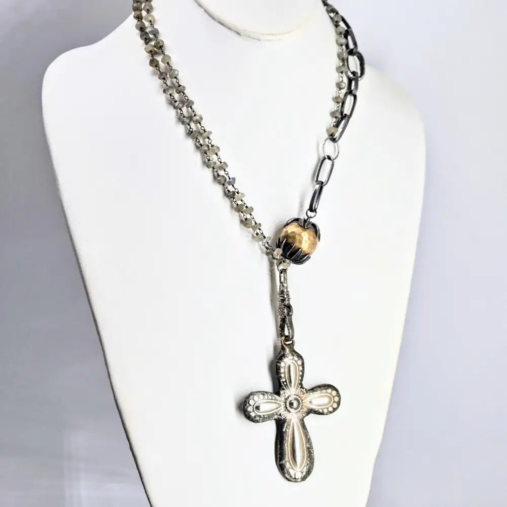 Cross my Heart Necklace Labradorite Zircon Diamonds Sterling Mixed Metals