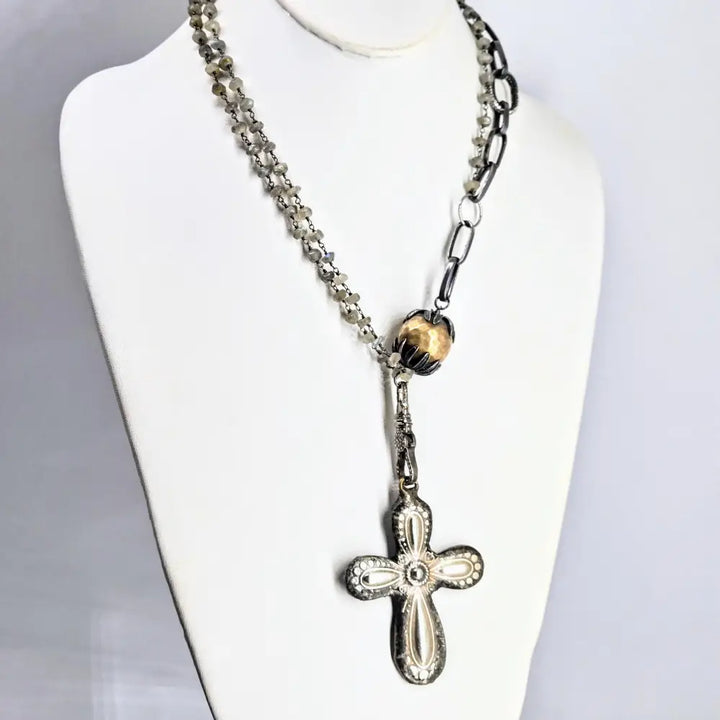 Cross my Heart Necklace Labradorite Zircon Diamonds Sterling Mixed Metals