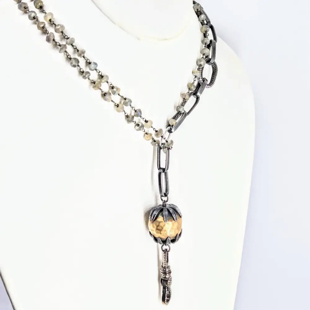 Cross my Heart Necklace Labradorite Zircon Diamonds Sterling Mixed Metals