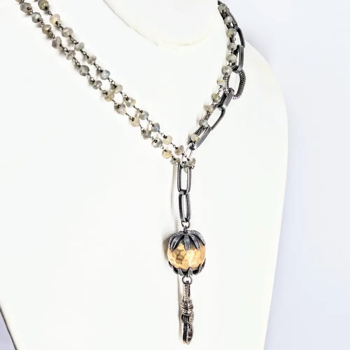 Cross my Heart Necklace Labradorite Zircon Diamonds Sterling Mixed Metals