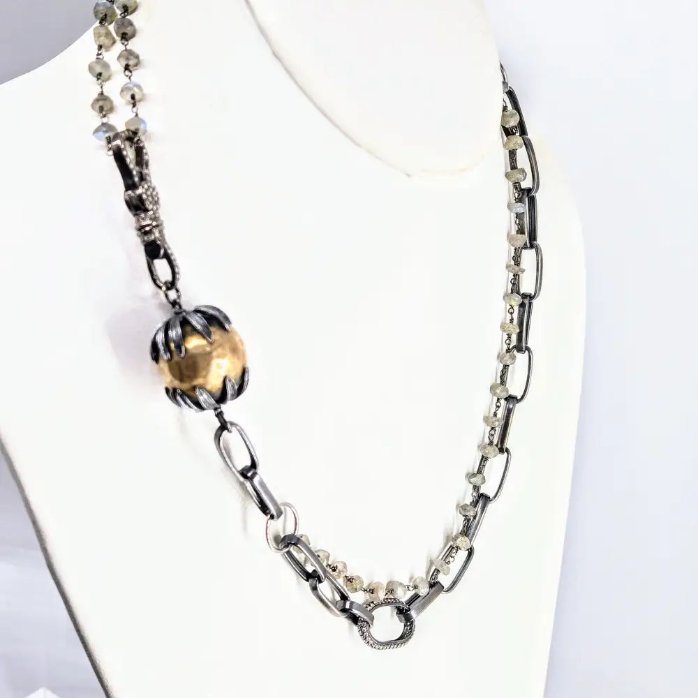 Cross my Heart Necklace Labradorite Zircon Diamonds Sterling Mixed Metals
