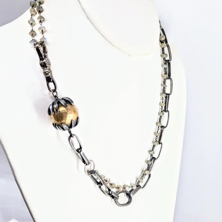 Cross my Heart Necklace Labradorite Zircon Diamonds Sterling Mixed Metals