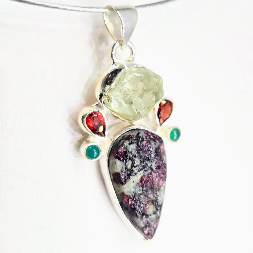 ?CRown Jewel’ 2’’ Pendant – Prasiolite Garnet Green Onyx Ruby Zoisite Sterling