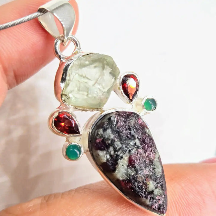 ?CRown Jewel’ 2’’ Pendant – Prasiolite Garnet Green Onyx Ruby Zoisite Sterling