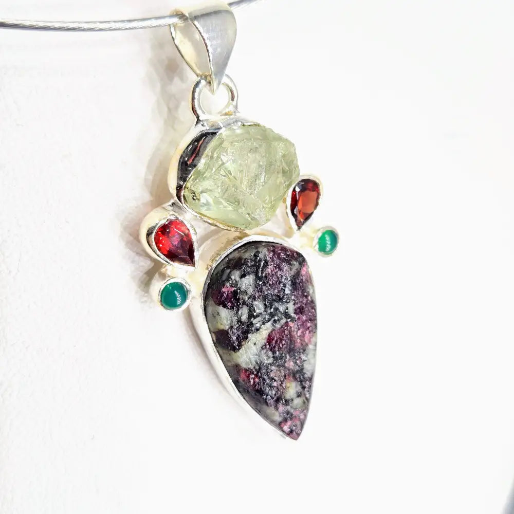 ?CRown Jewel’ 2’’ Pendant – Prasiolite Garnet Green Onyx Ruby Zoisite Sterling