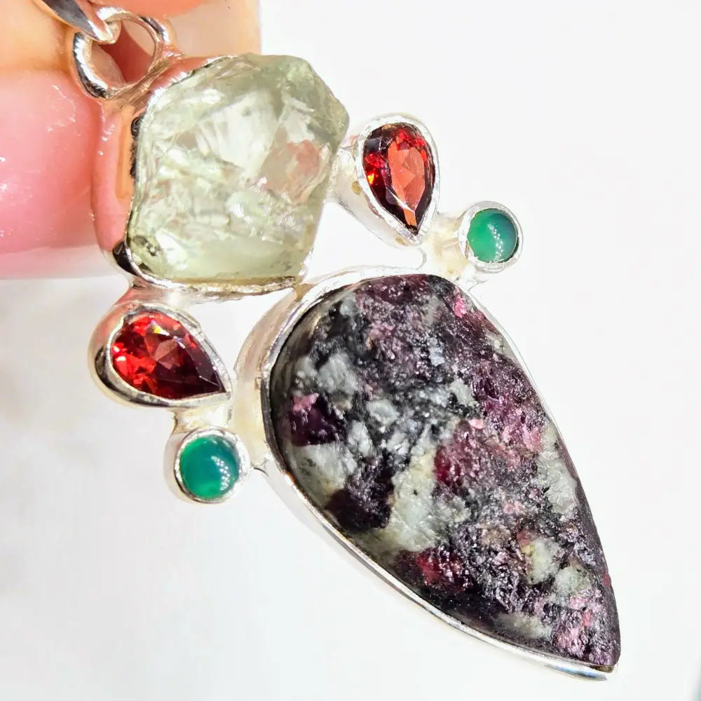 ?CRown Jewel’ 2’’ Pendant – Prasiolite Garnet Green Onyx Ruby Zoisite Sterling
